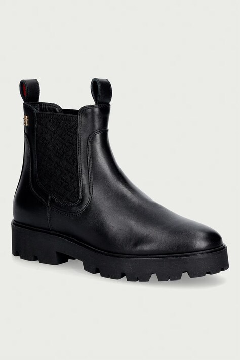 Tommy Hilfiger Боти челси дамски от кожа TH MONOGRAM LEATHER CHELSEA BOOT черни FW0FW09562