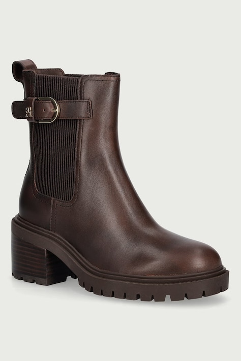Tommy Hilfiger Chelsea čižmy na podpätku dámske kožené BLOCK HEEL BUCKLED CHELSEA BOOT hnedé FW0FW09577