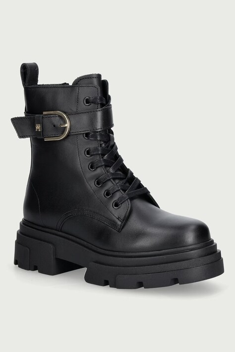 Tommy Hilfiger Workery dámske kožené LEATHER TH BUCKLED LACE-UP BOOT čierne FW0FW09550