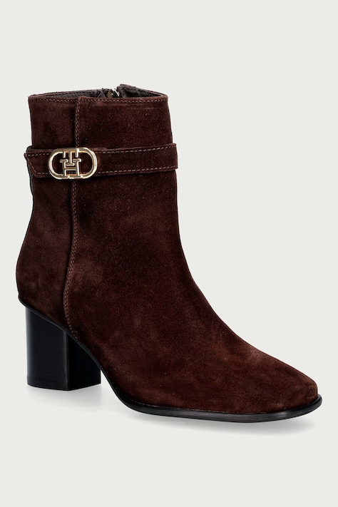 Tommy Hilfiger Gležnarski čevlji z nizko peto ženski semišasti TH STRAP SUEDE BLOCK HEEL BOOT rjavi FW0FW09521