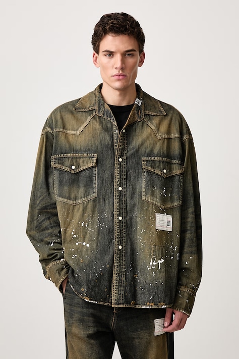 Maison MIHARA YASUHIRO Camicia in jeans da uomo blu navy con effetto lavato A17SH027