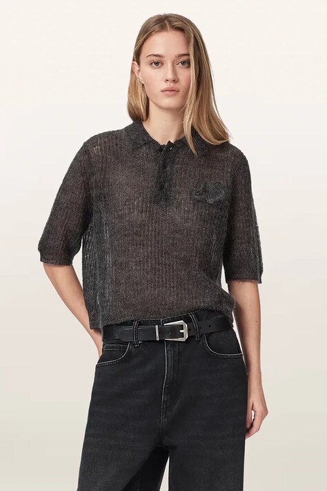 AllSaints Polo swetrowe damskie z wełną ANABEL POLO TEE szare W003KE