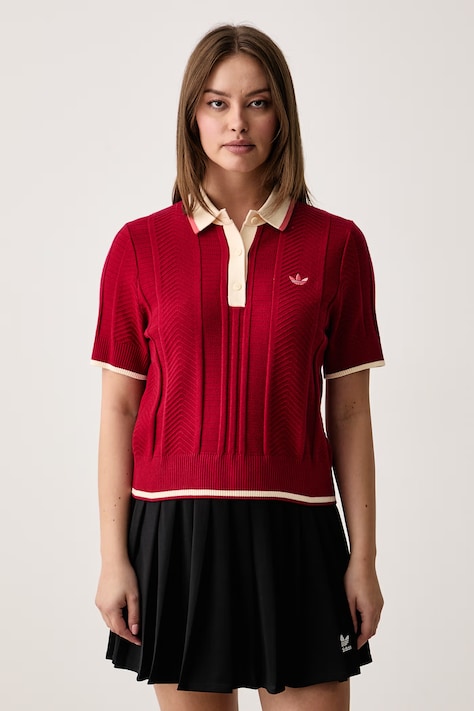 adidas Originals Πλεκτό μπλουζάκι πόλο γυναικείο με βισκόζη Cable Knit κόκκινο KR7060