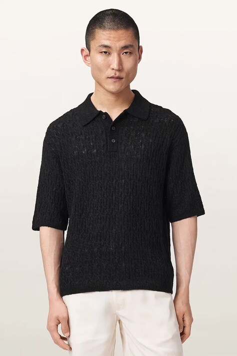 AllSaints Polo męskie z dodatkiem wełny CYCLONE czarne M071KE