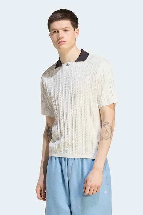 adidas Originals Úpletové polo tričko pánske bavlnené Cable Knit biele KR9765