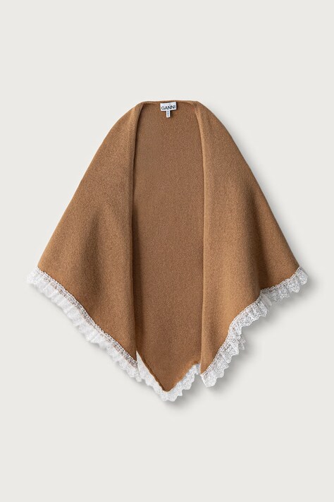 GANNI Triangular Scarf szalik damski z wełną brązowy B3020273