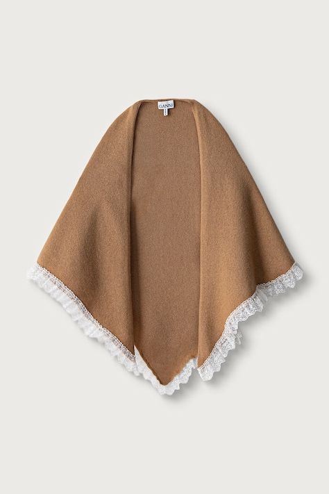 GANNI Triangular Scarf szalik damski z wełną brązowy B3020273