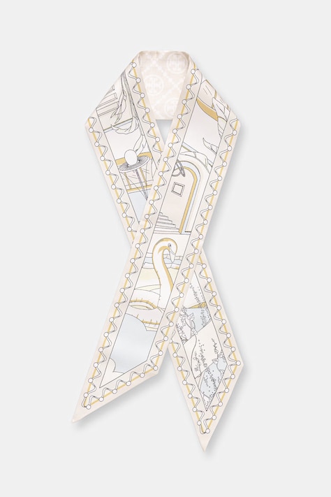 Tory Burch apaszka jedwabna Ribbon beżowa 184212