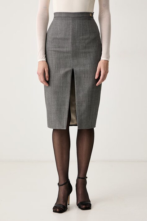 Elisabetta Franchi Spódnica z rozcięciem wełniana szara GO25467E2