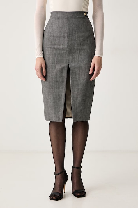 Elisabetta Franchi Spódnica z rozcięciem wełniana szara GO25467E2