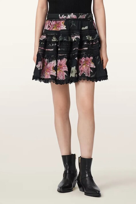 AllSaints spódnica z modalu ZORA czarna w kwiaty W056RE
