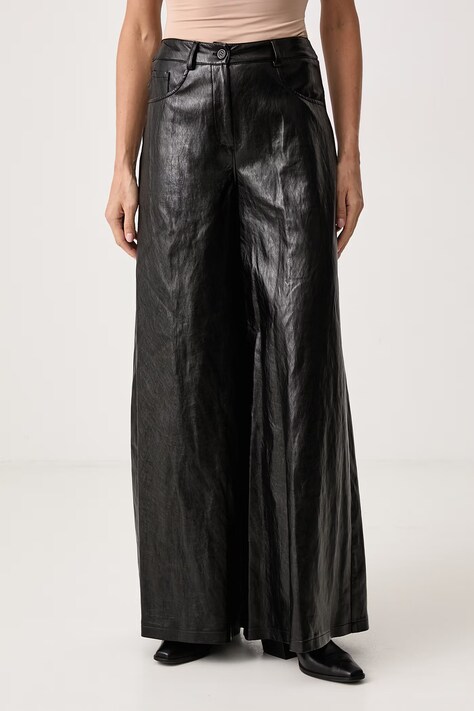 Haveone Spodnie wide leg damskie z imitacji skóry czarne regular waist PVI.R151