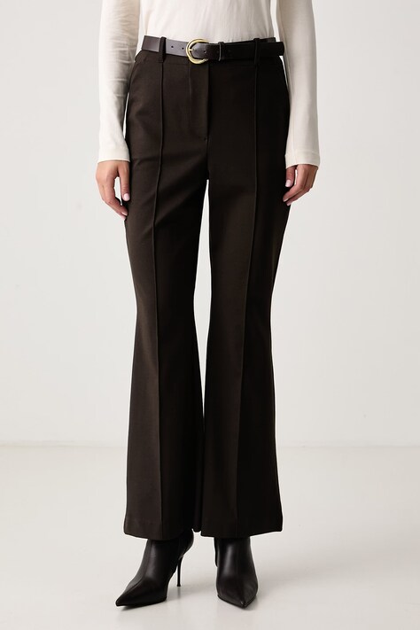 Haveone Spodnie flare damskie z wiskozą brązowe high waist PMI.R021