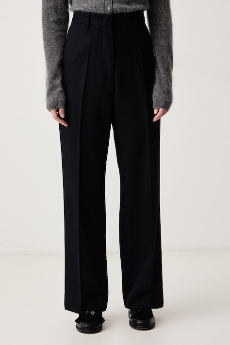 Weekend Max Mara Spodnie straight damskie wełniane WKSFENICE granatowe high waist 2625136036