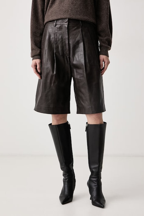 Weekend Max Mara Szorty damskie skórzane WKIPAGINE brązowe high waist 2625436013600