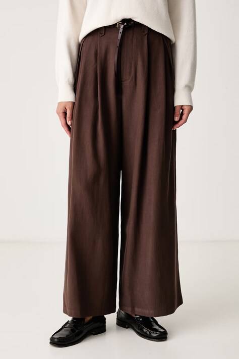 Eleh Spodnie garniturowe damskie z wiskozą brązowe high waist EFW260191