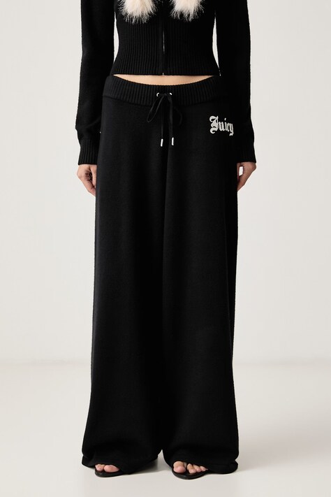 Juicy Couture Спортен панталон дамски с вискоза KNIT JUICY DIAMANTE черен с висока талия JCWBJ226310