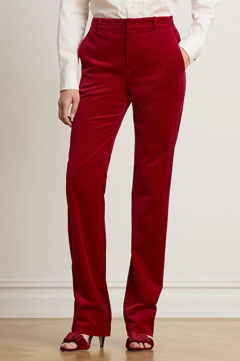 Lauren Ralph Lauren Spodnie straight damskie bawełniane z elastanem czerwone high waist 200B32928
