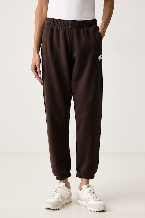 DKNY Spodnie dresowe damskie z bawełną brązowe high waist DP6P3895