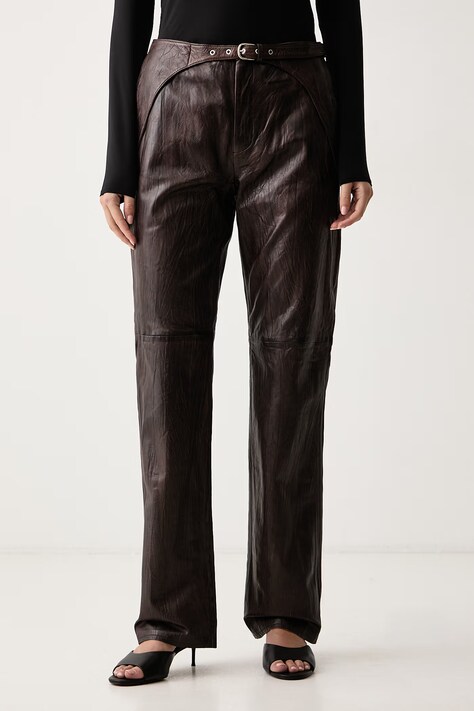 Max&Co. Spodnie damskie skórzane MCLQUASAR brązowe regular waist 2628436011200