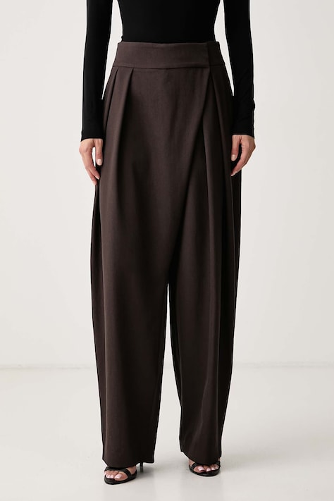 La Mania Spodnie garniturowe damskie wełniane MAVION brązowe high waist MAVION