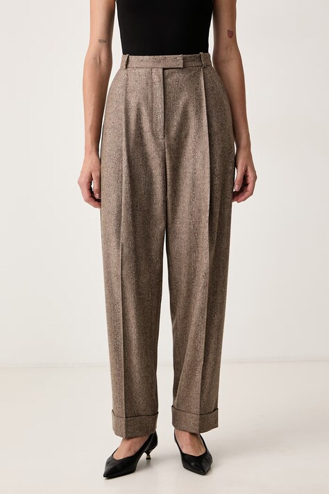BOSS Spodnie damskie z dodatkiem wełny Tornara brązowe high waist 50568195