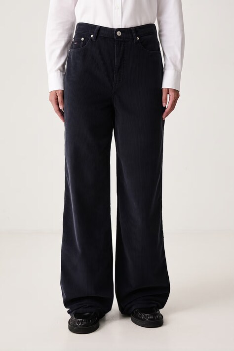 Tommy Jeans Wide leg hlače ženske od samta mornarsko plave srednje visoki struk DW0DW23396