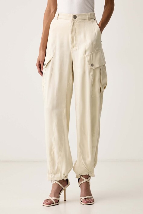 Pinko Boyfriend kalhoty dámské s cupro béžové high waist 106444 A3F8