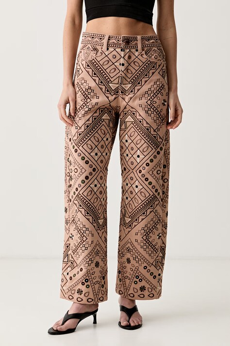 Farm Rio spodnie straight damskie bawełniane beżowe high waist 357076