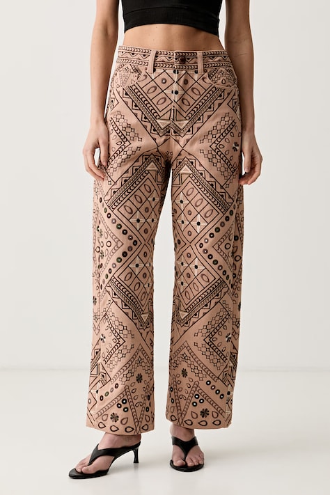 Farm Rio spodnie straight damskie bawełniane beżowe high waist 357076