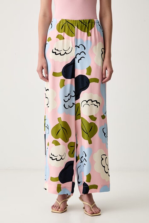 Marimekko spodnie wide leg damskie z wiskozy różowe high waist 095978