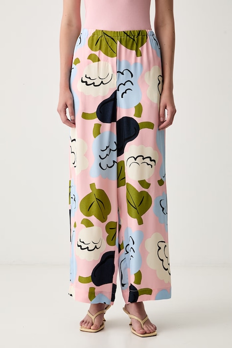 Marimekko spodnie wide leg damskie z wiskozy różowe high waist 095978