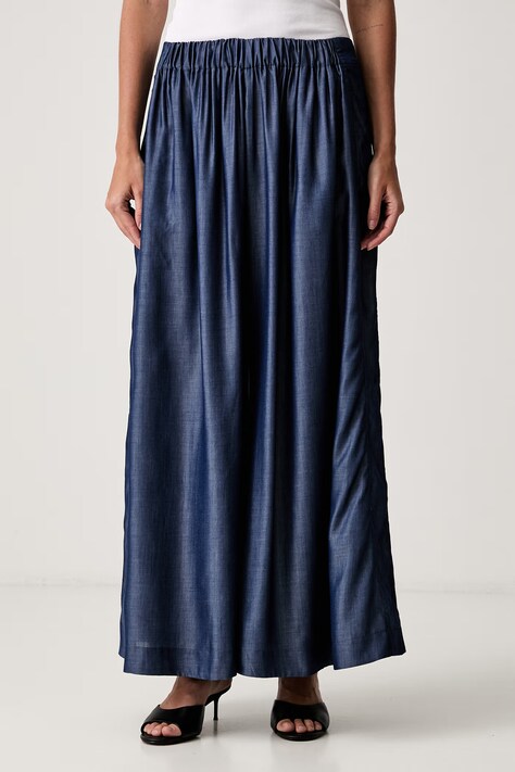 BOSS kalhoty se širokými nohavicemi dámské z lyocellu Talini námořnické modré high waist 50567196