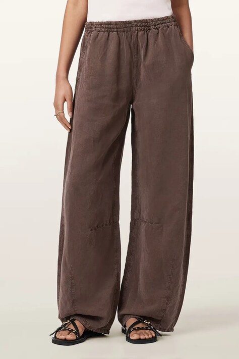 AllSaints spodnie wide leg damskie z dodatkiem lnu JETT brązowe high waist W070TE