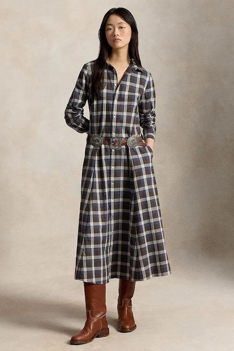 Polo Ralph Lauren Sukienka koszulowa bawełniana brązowa w kratkę 211B31478