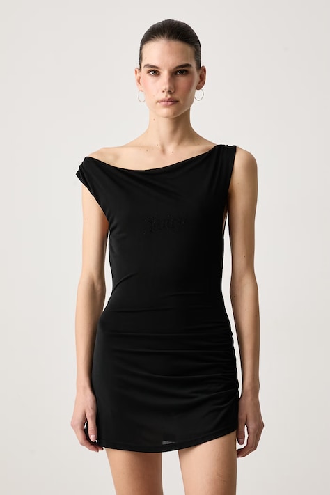 Juicy Couture Šaty s viskózou TORI DRAPE čierne s logom JCWED226330