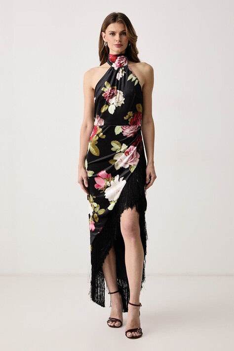 Retrofete Sukienka halter welurowa Winrey czarna w kwiaty R-FW26-13206-17