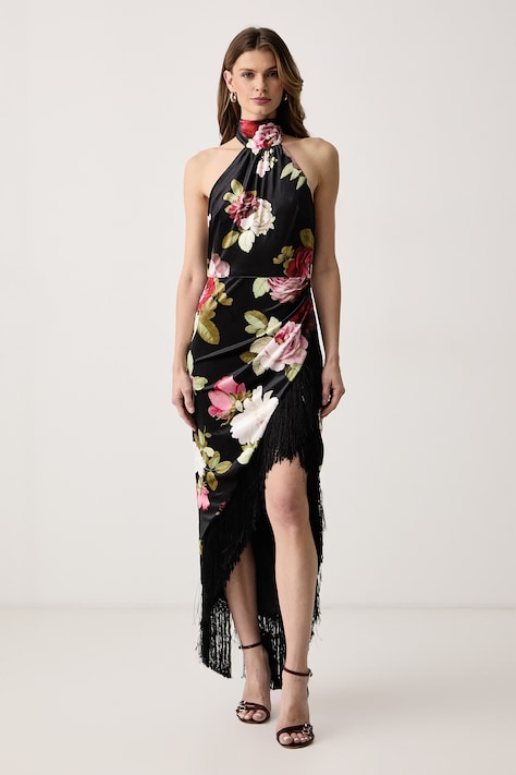 Retrofete Sukienka halter welurowa Winrey czarna w kwiaty R-FW26-13206-17