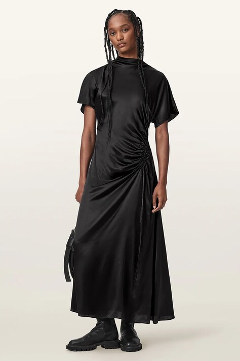AllSaints Sukienka rozkloszowana z jedwabiem ROSIE czarna gładka W266DE