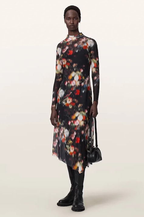 AllSaints Sukienka GRACIE czarna w kwiaty W042DF