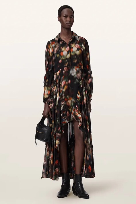 AllSaints Sukienka z wiskozy MARIA czarna w kwiaty W014DF