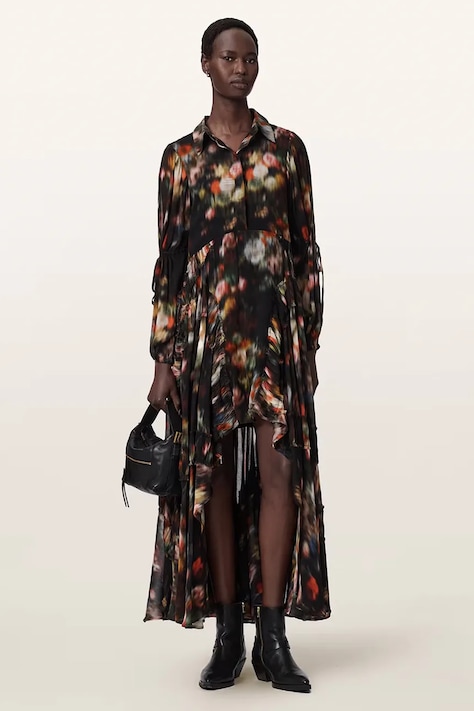 AllSaints Sukienka z wiskozy MARIA czarna w kwiaty W014DF