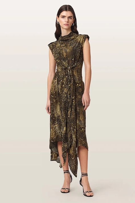 AllSaints Sukienka asymetryczna z wiskozy PERSIA zielona z nadrukiem W008DE