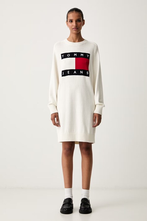 Tommy Jeans sukienka sweterkowa z dodatkiem wełny beżowa z haftami DW0DW23315