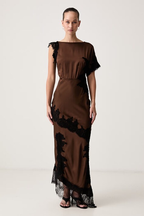 Never Fully Dressed Sukienka z wiskozą brązowa gładka NFDDR3551