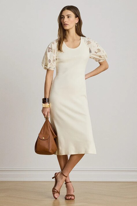 Lauren Ralph Lauren sukienka bawełniana z elastanem beżowa gładka 200P13925