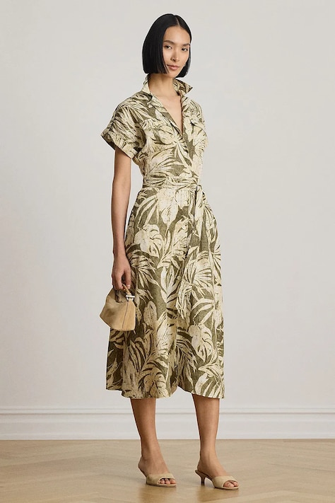Lauren Ralph Lauren rozšířené šaty lněné zelené rostlinné 200B24676