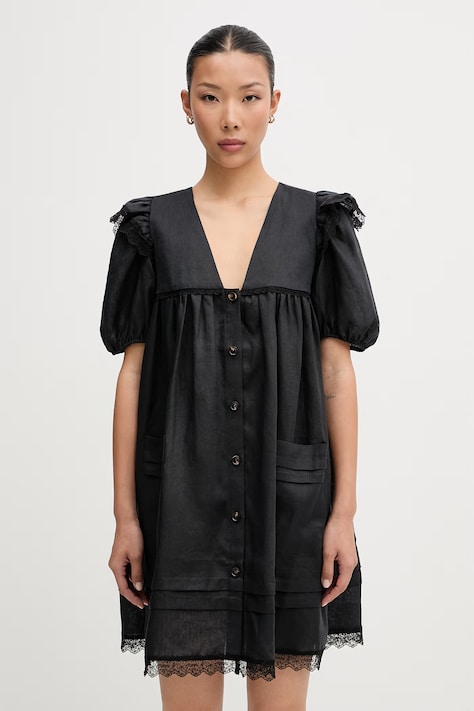 GANNI sukienka babydoll gładka lniana czarna A1030577