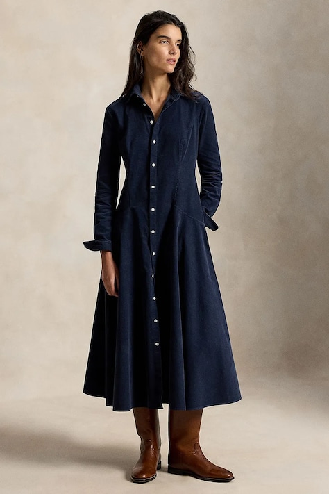 Polo Ralph Lauren sukienka rozkloszowana z bawełną granatowa gładka 211B17452