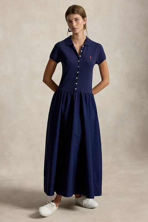 Polo Ralph Lauren Φόρεμα flared βαμβακερό με ελαστάν σκούρο μπλε απλό 211B17443